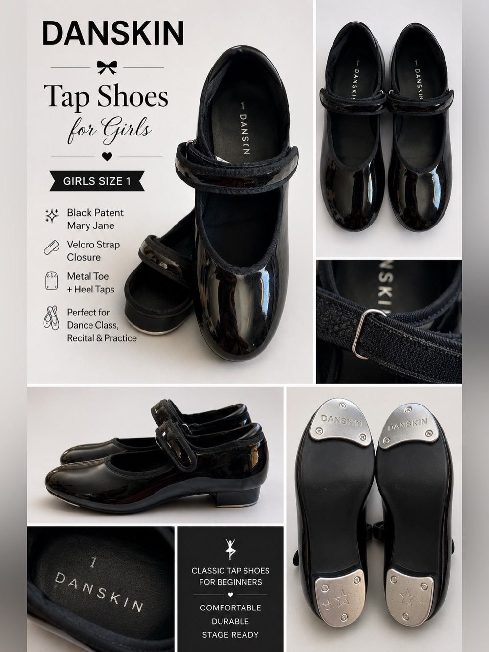 Danskin Girls Size 1 Black Patent Leather Mary Jane Tap Shoes Strap Dance Shoes